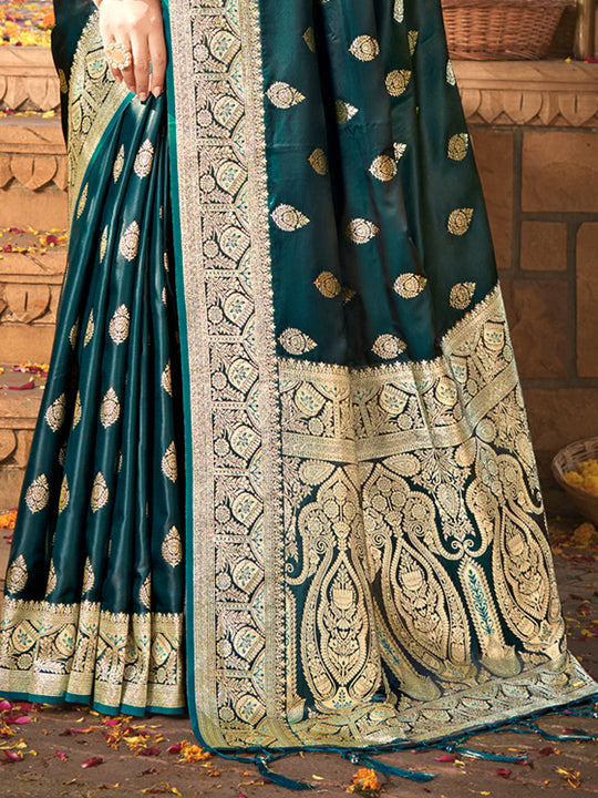 Green Satin Silk Saree With Blouse Piece