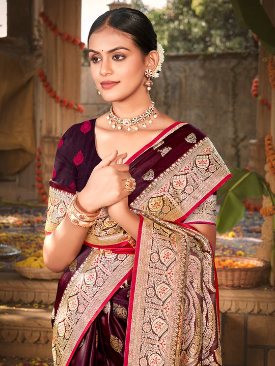 Maroon Satin Silk Saree With Blouse Piece