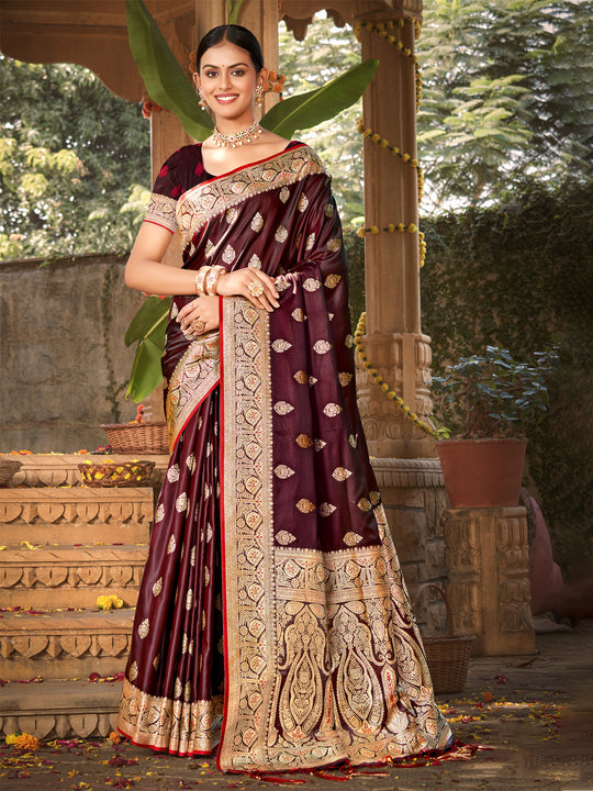 Maroon Satin Silk Saree With Blouse Piece