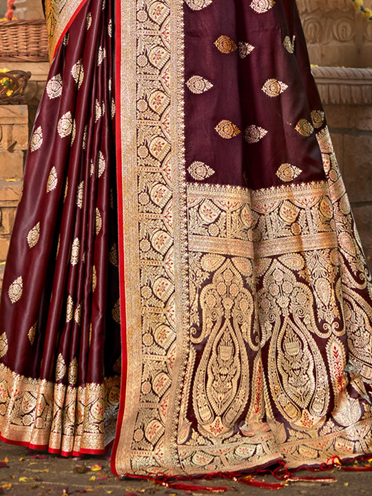 Maroon Satin Silk Saree With Blouse Piece