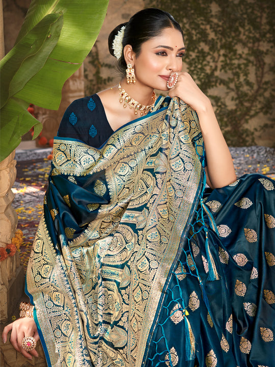 Navy Blue Satin Silk Saree With Blouse Piece