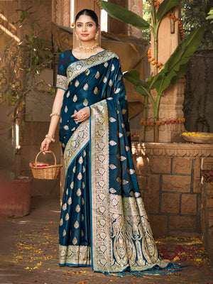 Navy Blue Satin Silk Saree With Blouse Piece