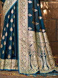Navy Blue Satin Silk Saree With Blouse Piece