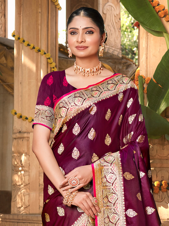 Wine Satin Silk Saree With Blouse Piece