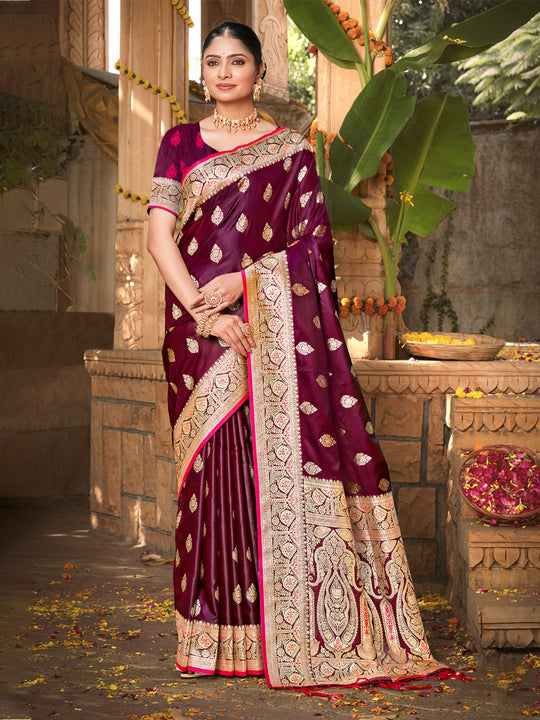Wine Satin Silk Saree With Blouse Piece