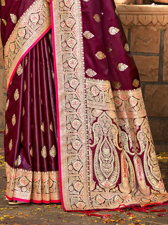 Wine Satin Silk Saree With Blouse Piece