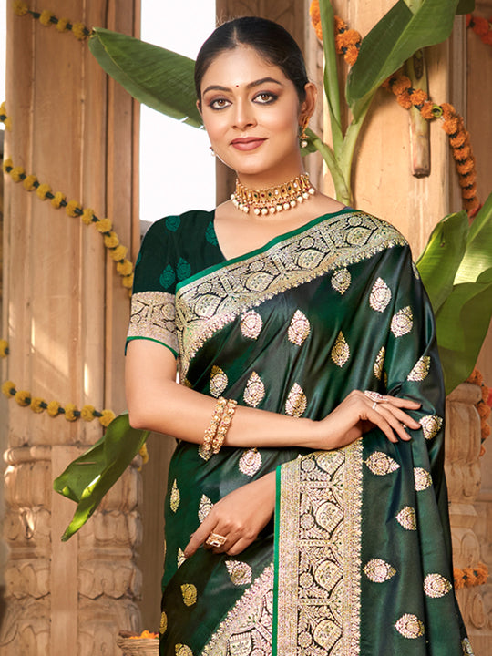 Green Satin Silk Saree With Blouse Piece