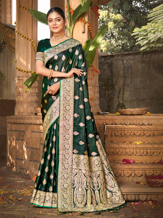 Green Satin Silk Saree With Blouse Piece