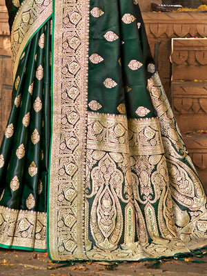 Green Satin Silk Saree With Blouse Piece