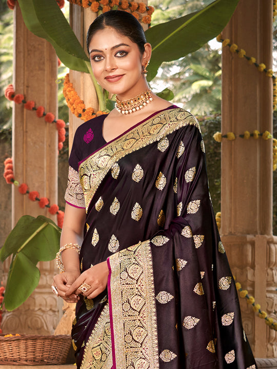 Dark Wine Satin Silk Saree With Blouse Piece
