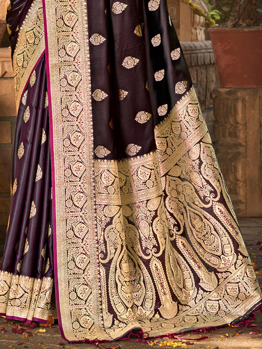 Dark Wine Satin Silk Saree With Blouse Piece