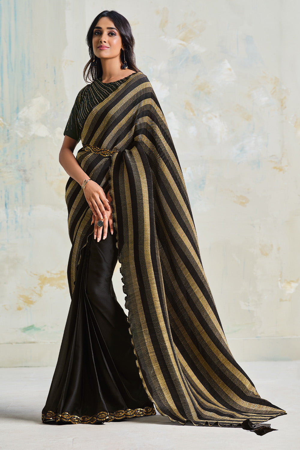 Women's Satin Silk Black Embroidered Designer Saree With Blouse Piece