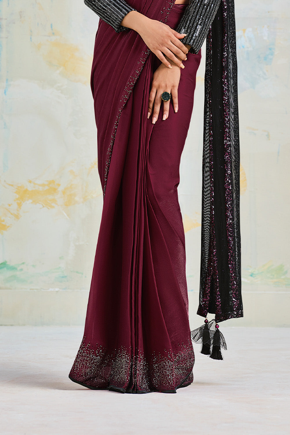 Wine Satin Crepe Saree With Stitched Blouse