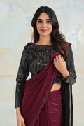 Wine Satin Crepe Saree With Stitched Blouse