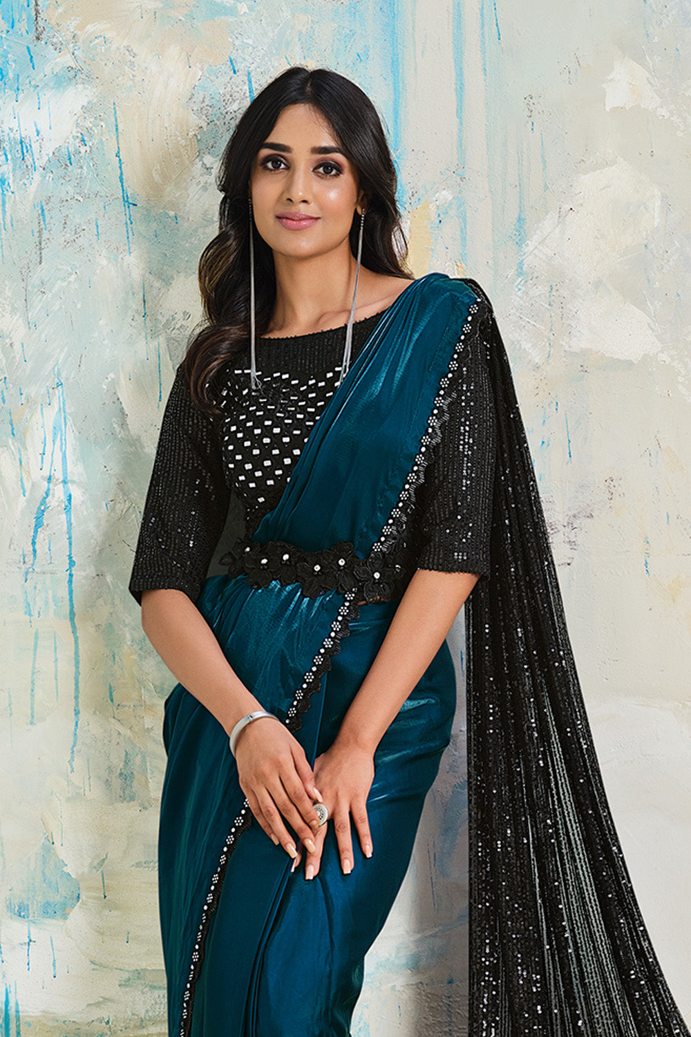 Teal Satin Crepe Saree With Stitched Blouse