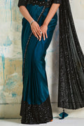Teal Satin Crepe Saree With Stitched Blouse