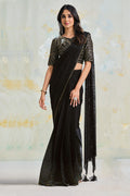 Black Satin Crepe Saree With Stitched Blouse