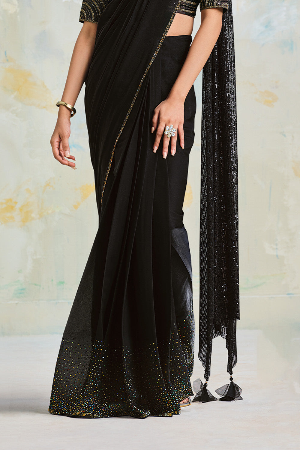 Black Satin Crepe Saree With Stitched Blouse