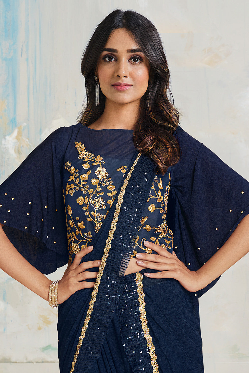 Blue Lycra  Saree With Stitched Blouse
