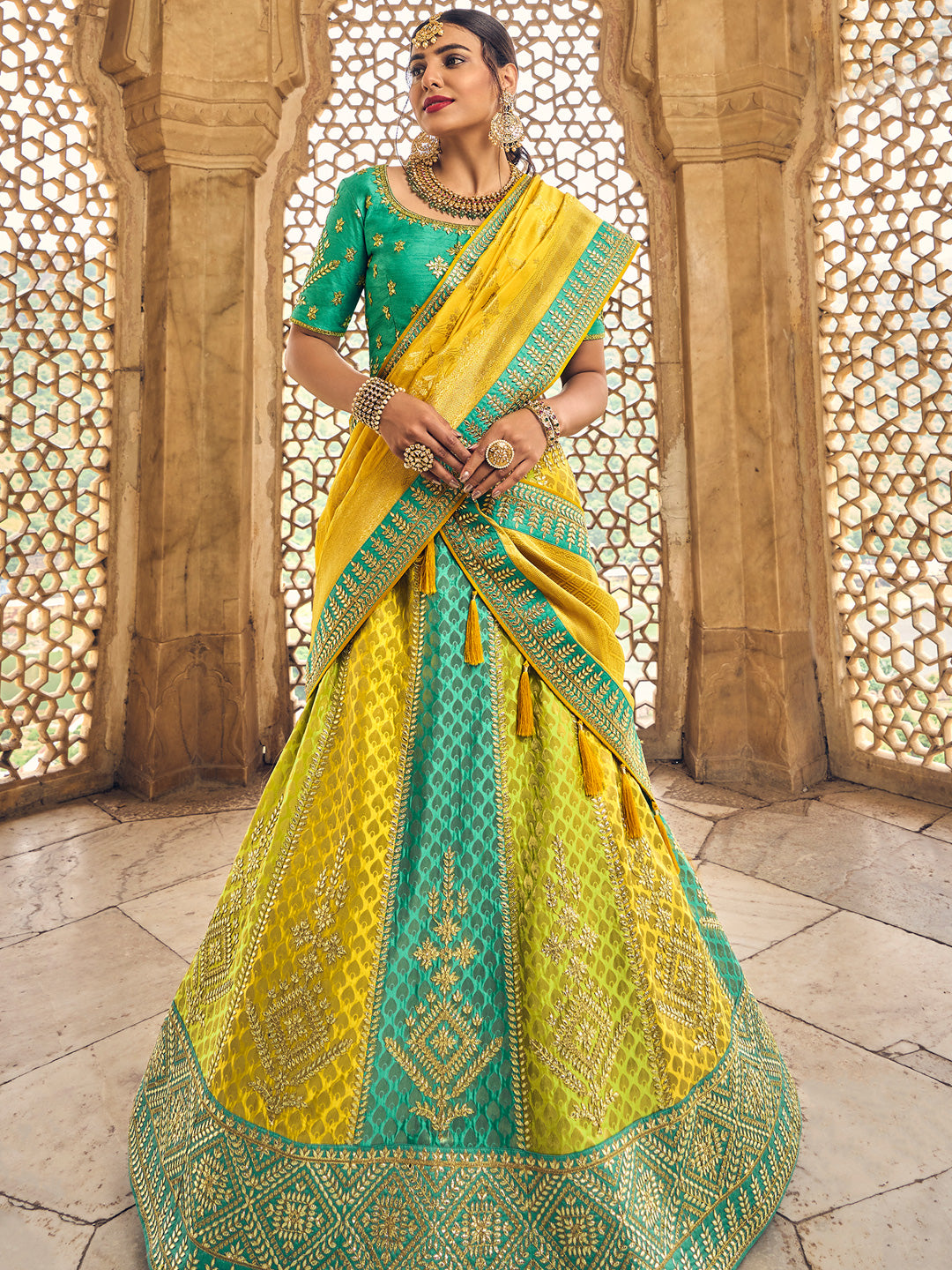 Yellow & Green Coloured Designer Banarasi Lehenga Choli with Dupatta!! –  Royskart