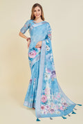 Blue Linen Blend Floral Printed Saree