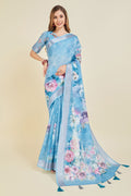 Blue Linen Floral Printed Saree