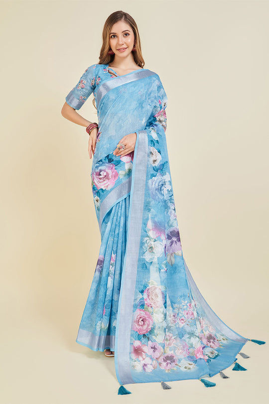 Blue Linen Blend Floral Printed Saree