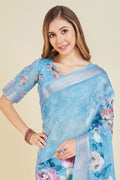 Blue Linen Blend Floral Printed Saree