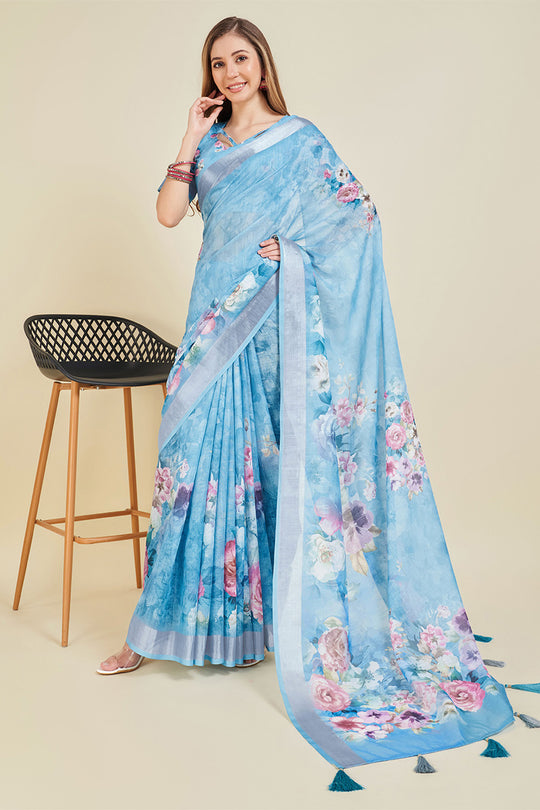 Blue Linen Blend Floral Printed Saree