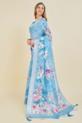 Blue Linen Floral Printed Saree