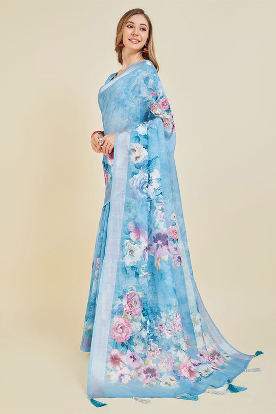 Blue Linen Blend Floral Printed Saree
