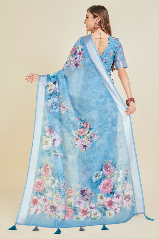 Blue Linen Blend Floral Printed Saree