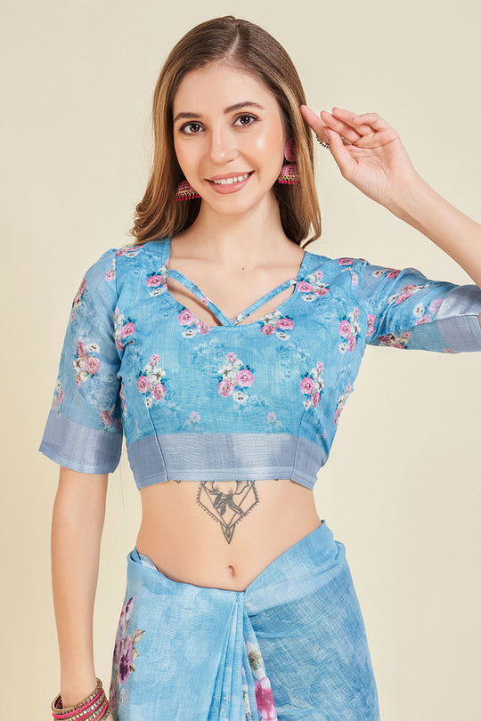 Blue Linen Blend Floral Printed Saree