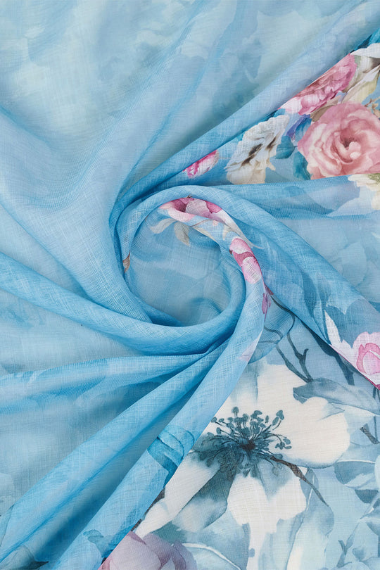 Blue Linen Blend Floral Printed Saree