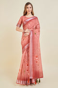 Pink Linen Blend Floral Printed Saree