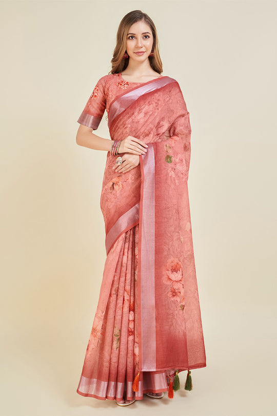 Pink Linen Blend Floral Printed Saree