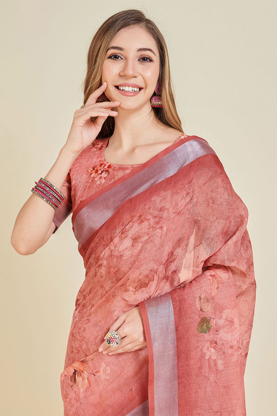 Pink Linen Blend Floral Printed Saree