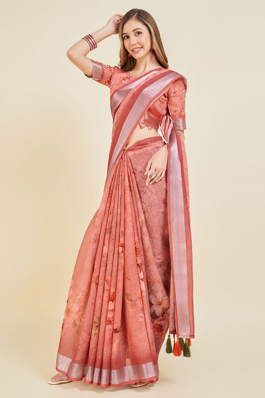 Pink Linen Blend Floral Printed Saree
