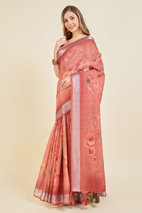 Pink Linen Blend Floral Printed Saree
