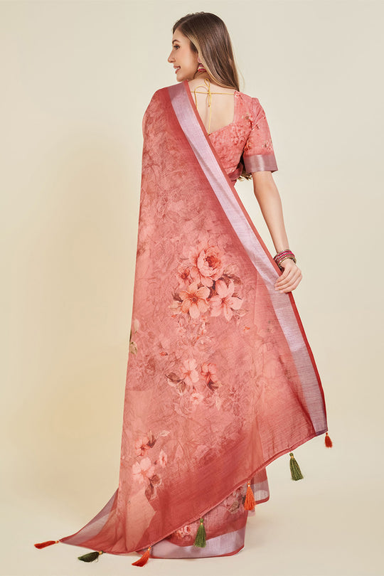Pink Linen Blend Floral Printed Saree