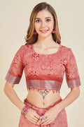 Pink Linen Blend Floral Printed Saree