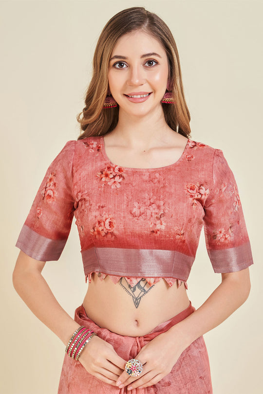 Pink Linen Blend Floral Printed Saree