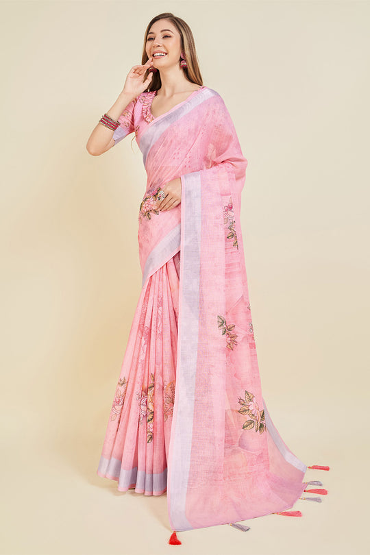 Light Pink Linen Blend Floral Printed Saree