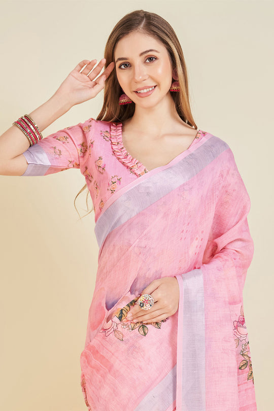 Light Pink Linen Blend Floral Printed Saree