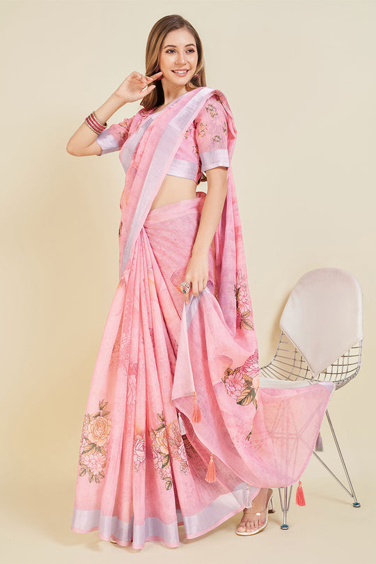 Light Pink Linen Blend Floral Printed Saree