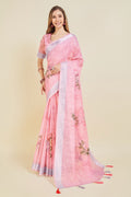 Light Pink Linen Blend Floral Printed Saree