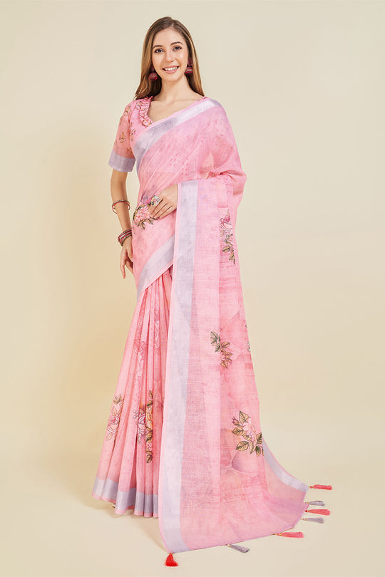 Light Pink Linen Blend Floral Printed Saree