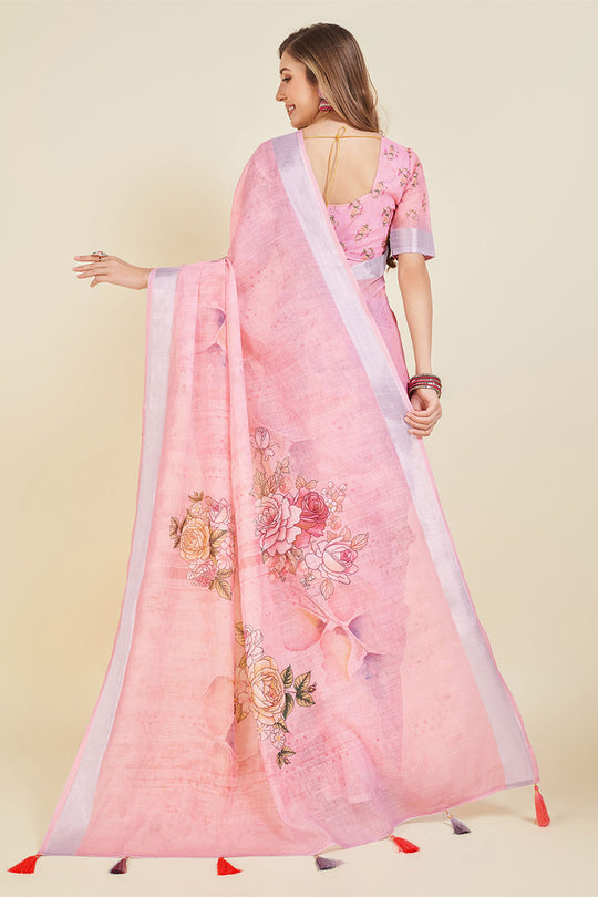 Light Pink Linen Blend Floral Printed Saree