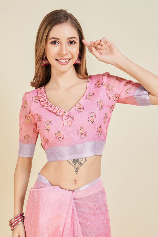 Light Pink Linen Blend Floral Printed Saree