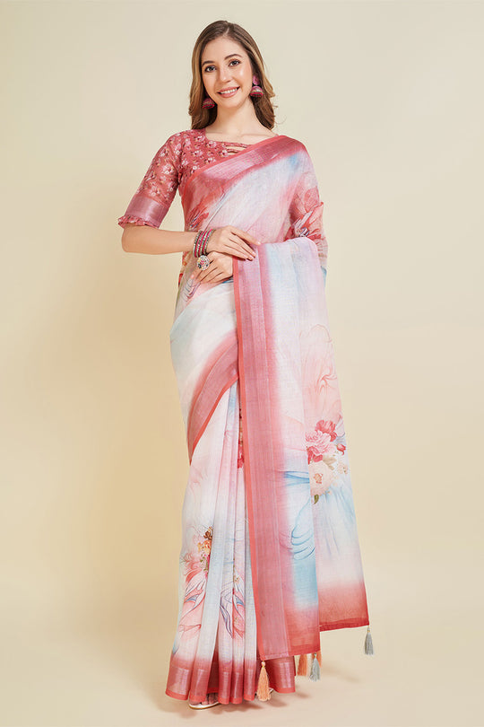 Off White Linen Blend Floral Printed Saree